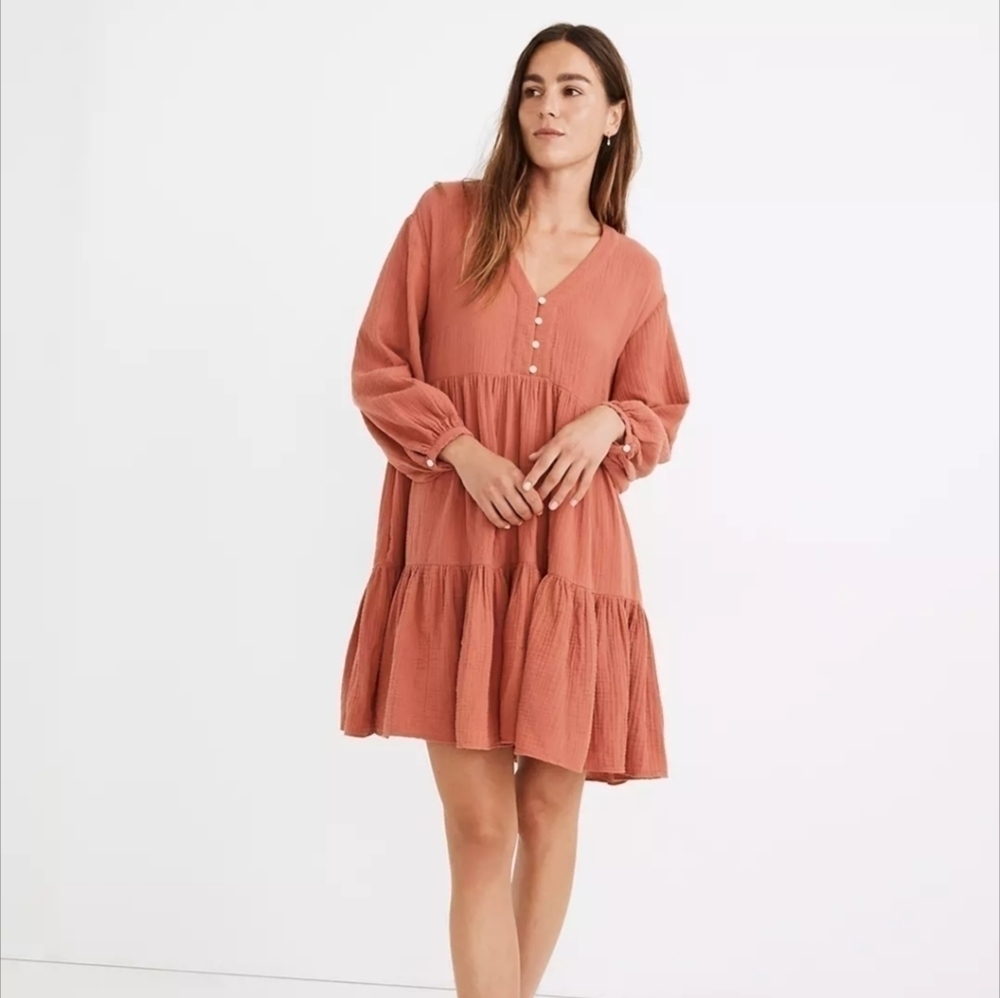 Madewell Lightspun Colette Mini Dress Women’s 00 Peach Pink Long Sleeve Tiered